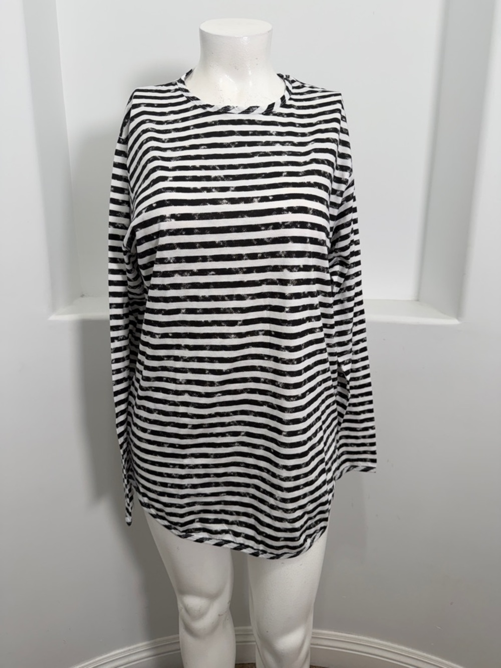 Women's Light Bluish Black & White Striped Long Sleeve Tee